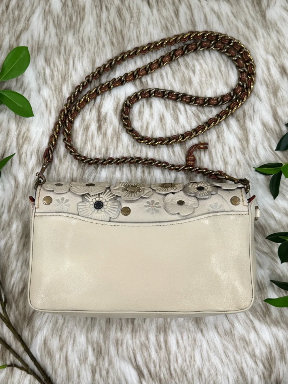 Coach Tea Rose Cream Floral Appliqué Crossbody with Gold Chain